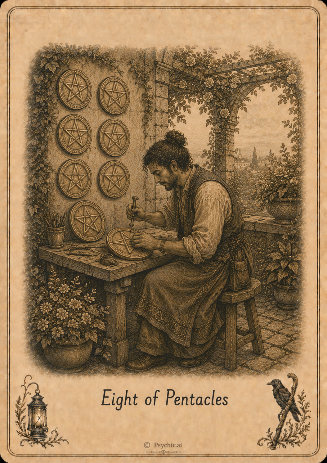 Eight of Pentacles tarot card illustration